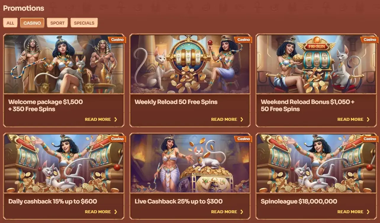 Cleobetra Australia casino promotions page showing reload and cashback offer cards