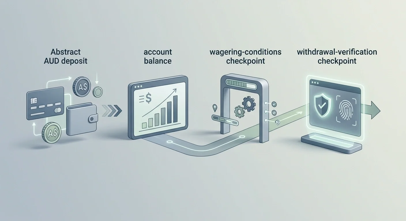 Diagram of an AUD deposit moving through account balance, wagering conditions and withdrawal verification