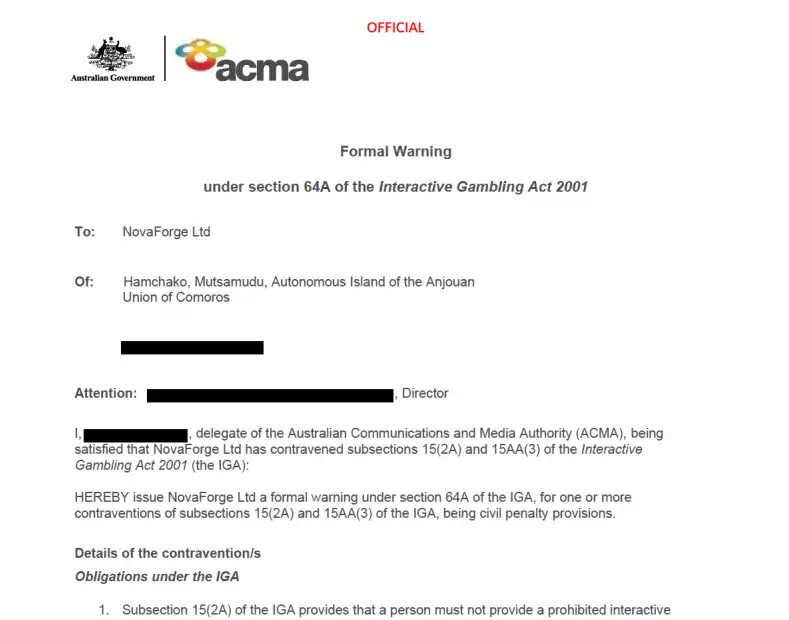 ACMA formal warning record naming NovaForge Ltd and Cleobetra