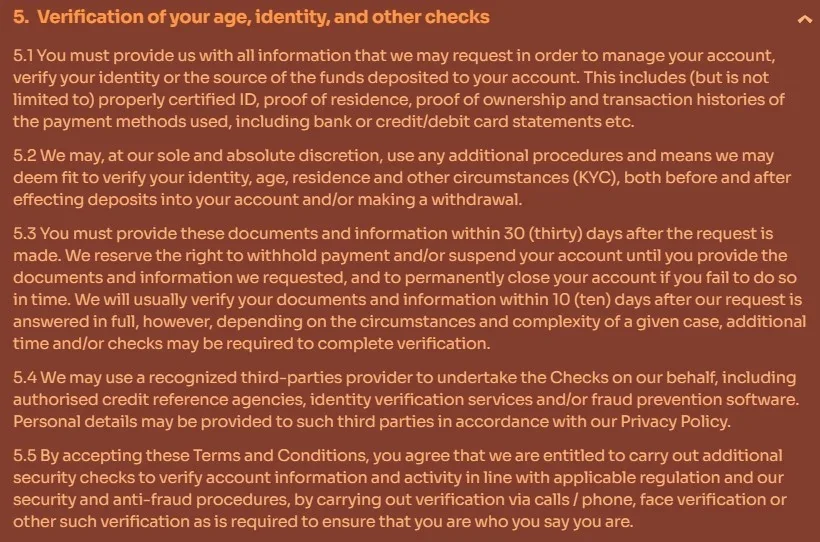 Current Cleobetra KYC terms showing document examples and verification timing