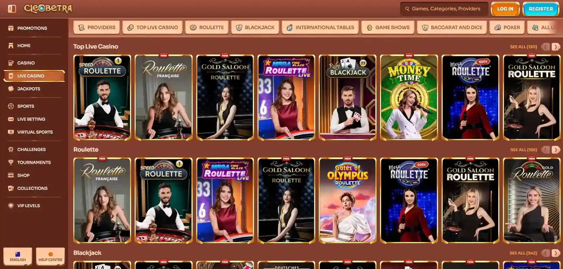Current Cleobetra Australia live casino lobby showing live table categories and provider-led content