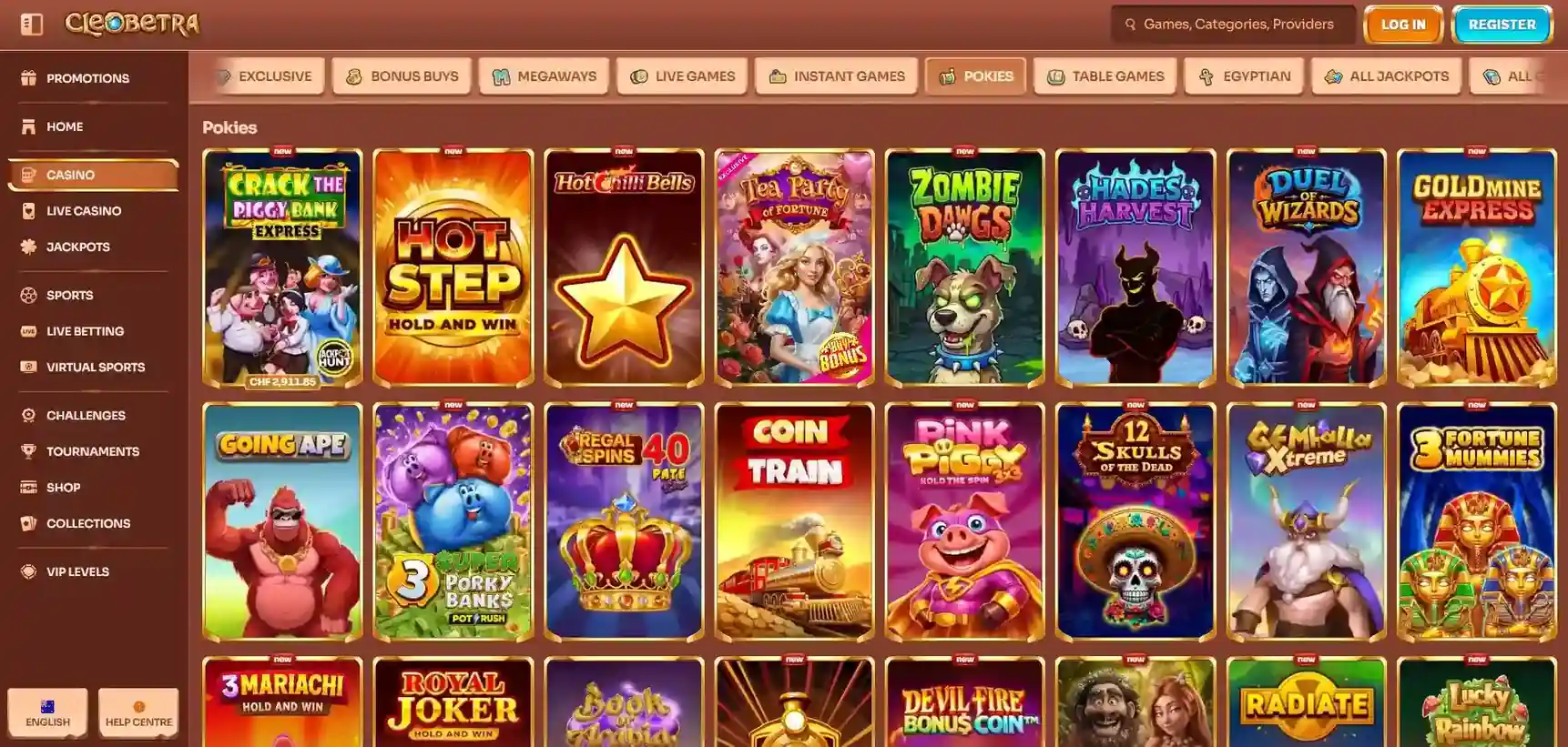 Current Cleobetra Australia pokies and slots category in the official casino lobby