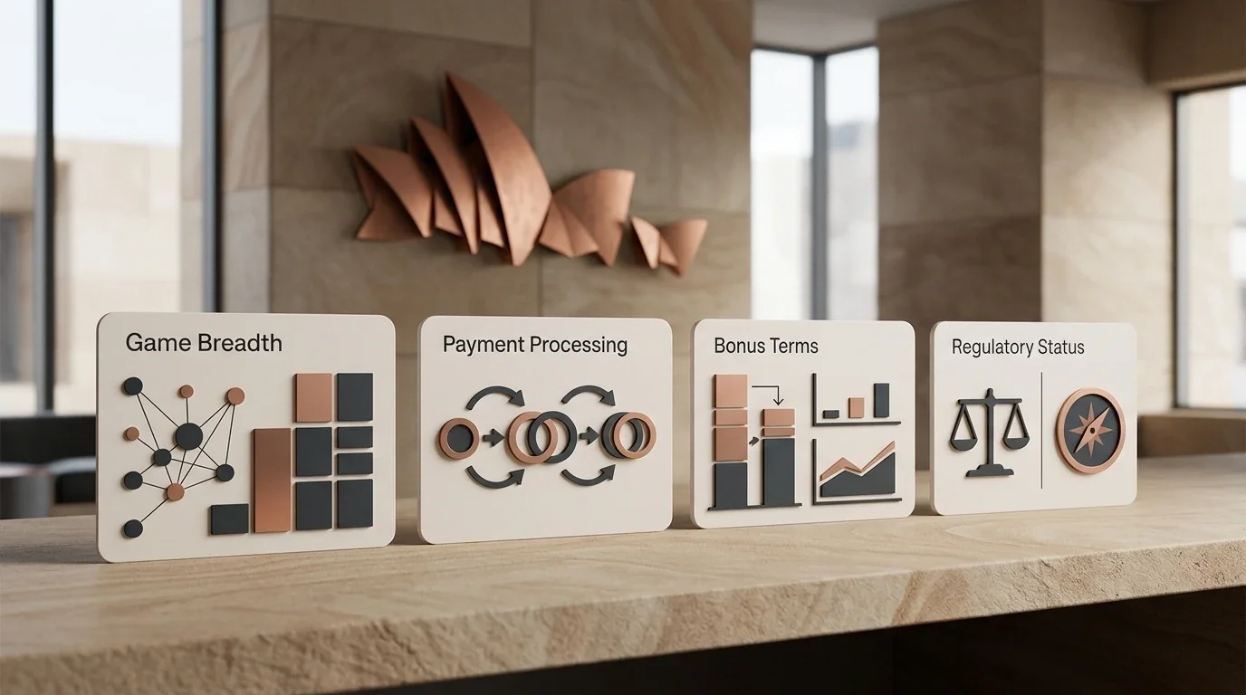 Overview dashboard for an Australian Cleobetra casino review, with neutral cards for games, payments, bonuses and regulation
