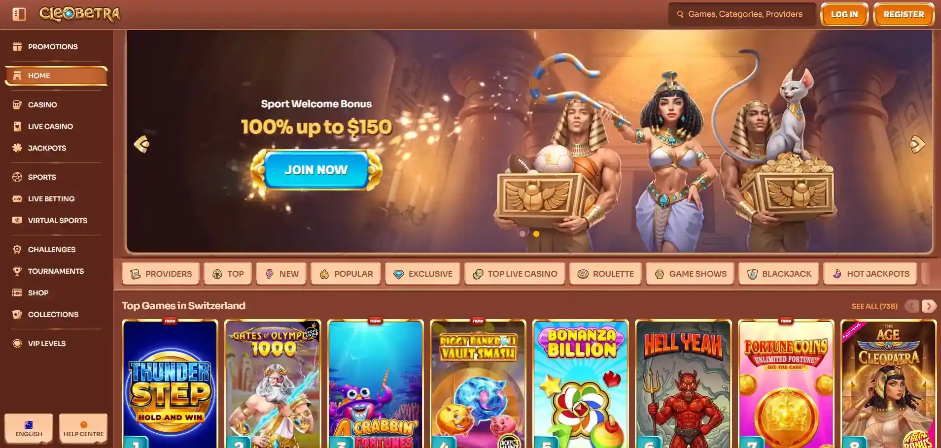 Current Cleobetra Australia homepage and casino lobby showing the real brand interface and navigation